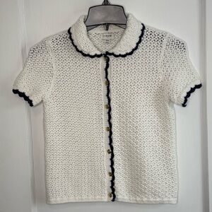 J. Crew Factory Crochet Ivory Navy Scalloped Collar Short Sleeve Button Sweater